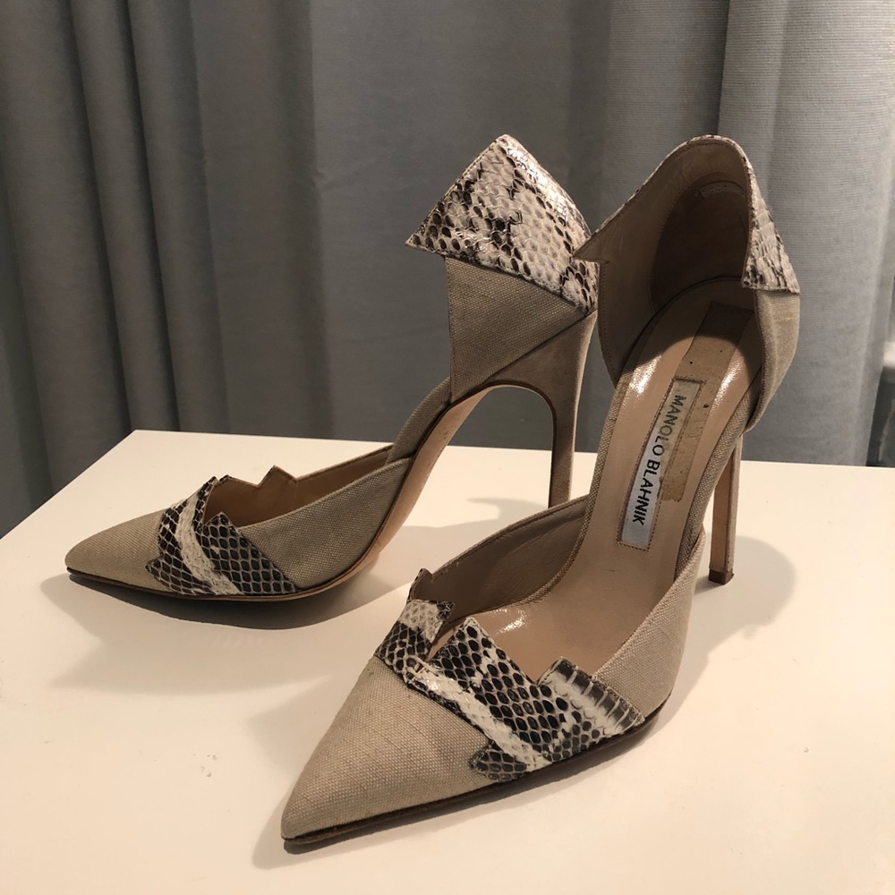 Manolo Blahnik Python and linen stilettos